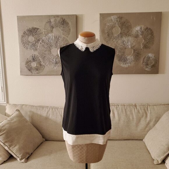 Karl Lagerfeld Lace Collar Sleeveless Top - size Small in Black/White. - Picture 2 of 13